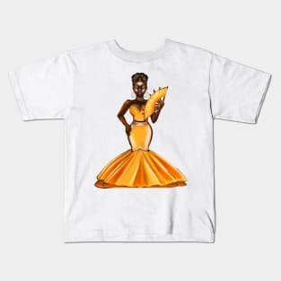 Black Empress -  Black Afro Princess in yellow with fan! beautiful black girl with Afro hair, brown eyes and dark brown skin. Hair love ! Kids T-Shirt